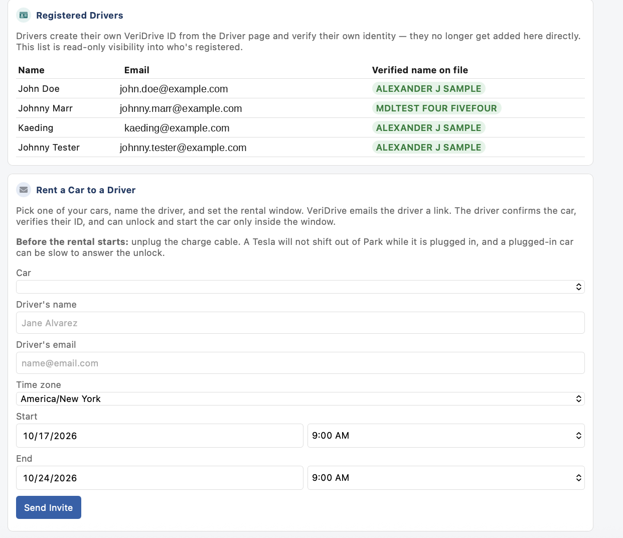 VeriDrive Owner Dashboard: registered drivers and the form to invite a driver for a set rental window